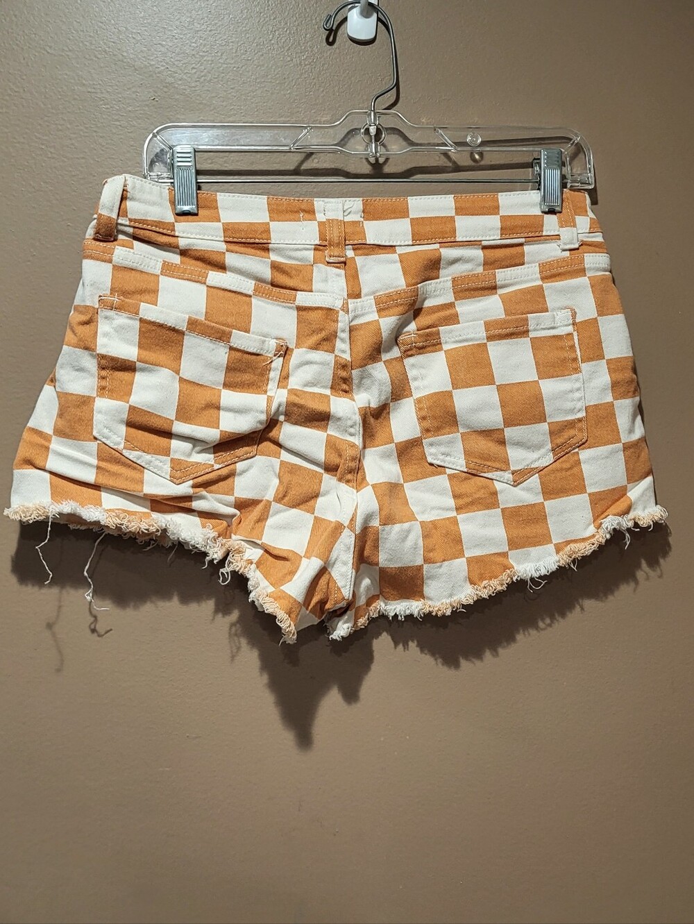 Altar'd State Orange and White Checkerboard Frayed Denim Shorts